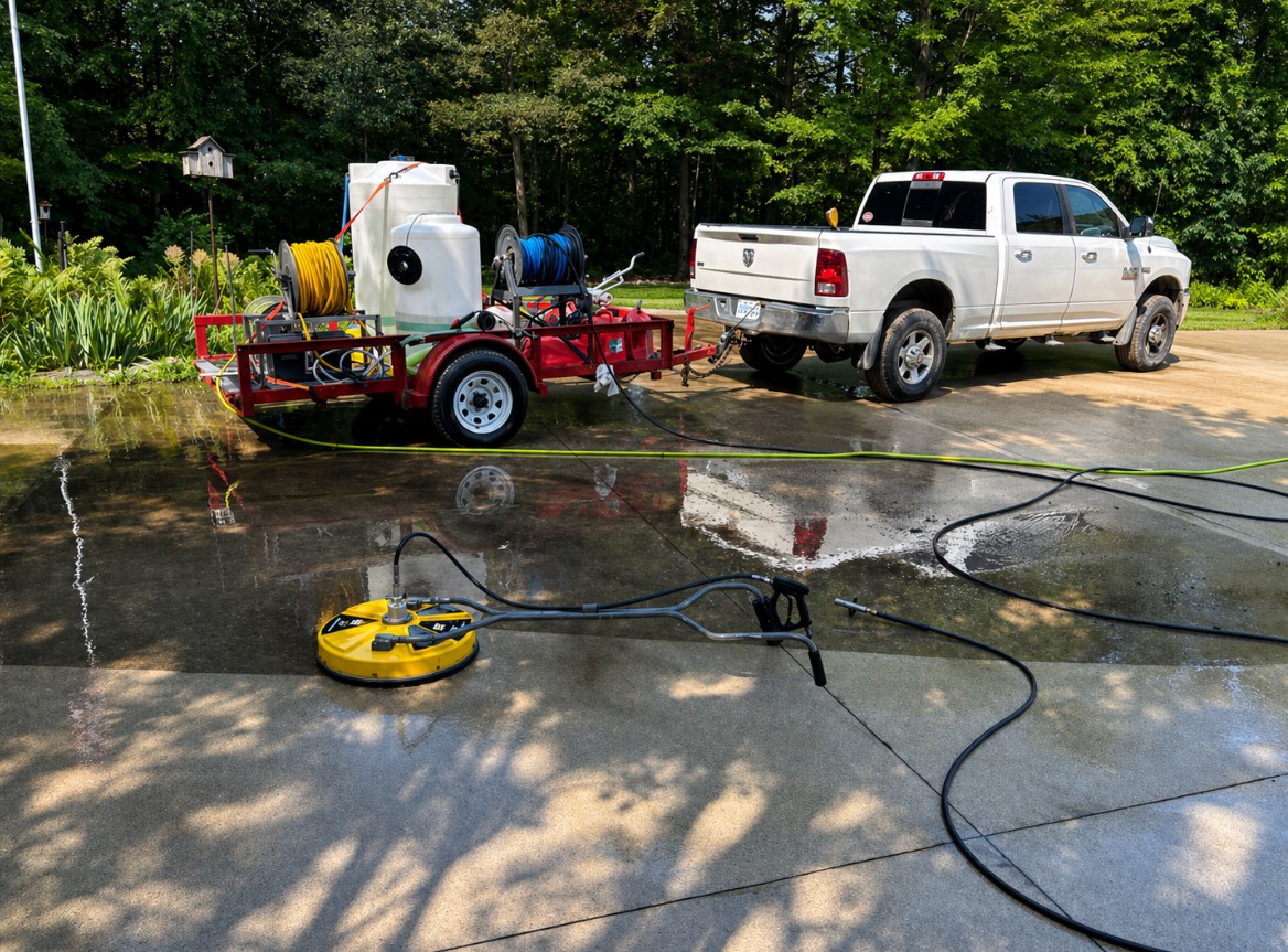 Lawndash Powerwashing professional rig – truck and trailer with dual hose reels and surface cleaner, Mt. Pleasant Michigan